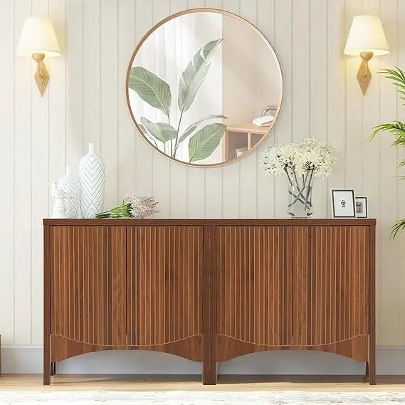 Fluted Sideboard Cabinet with Storage,4 Doors Buffet Cabinet with Adjustable Shelves,Accent Storage Cabinet with Carved Arc Door - Blu Lotus Boutique