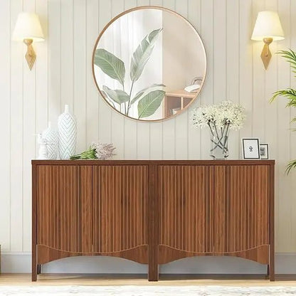 Fluted Sideboard Cabinet with Storage,4 Doors Buffet Cabinet with Adjustable Shelves,Accent Storage Cabinet with Carved Arc Door - Blu Lotus Boutique