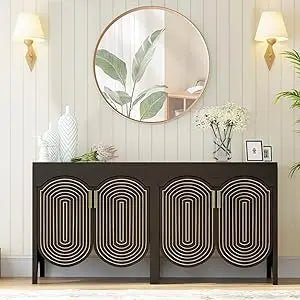 Fluted Sideboard Cabinet with Storage,4 Doors Buffet Cabinet with Adjustable Shelves,Accent Storage Cabinet with Carved Arc Door - Blu Lotus Boutique