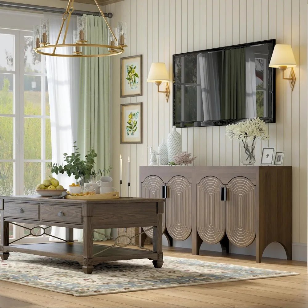 Fluted Sideboard Cabinet with Storage,4 Doors Buffet Cabinet with Adjustable Shelves,Accent Storage Cabinet with Carved Arc Door - Blu Lotus Boutique
