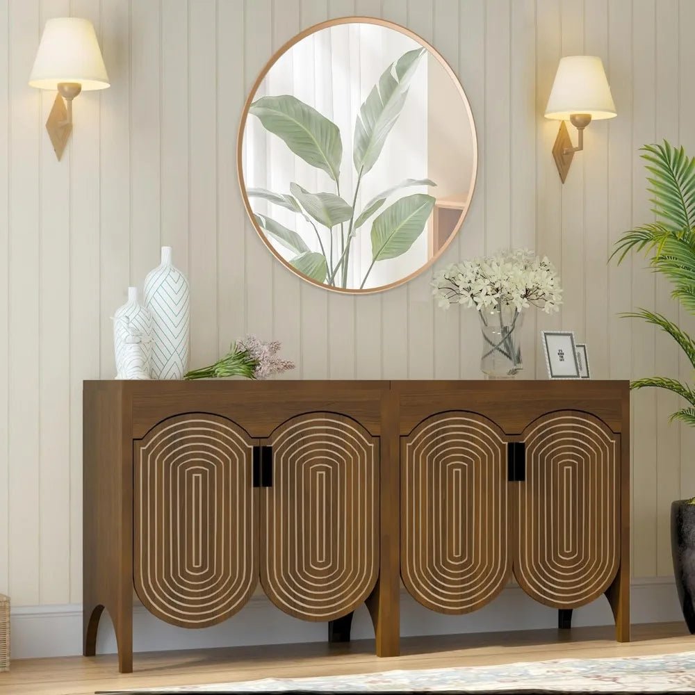 Fluted Sideboard Cabinet with Storage,4 Doors Buffet Cabinet with Adjustable Shelves,Accent Storage Cabinet with Carved Arc Door - Blu Lotus Boutique