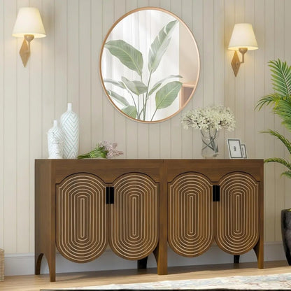 Fluted Sideboard Cabinet with Storage,4 Doors Buffet Cabinet with Adjustable Shelves,Accent Storage Cabinet with Carved Arc Door - Blu Lotus Boutique