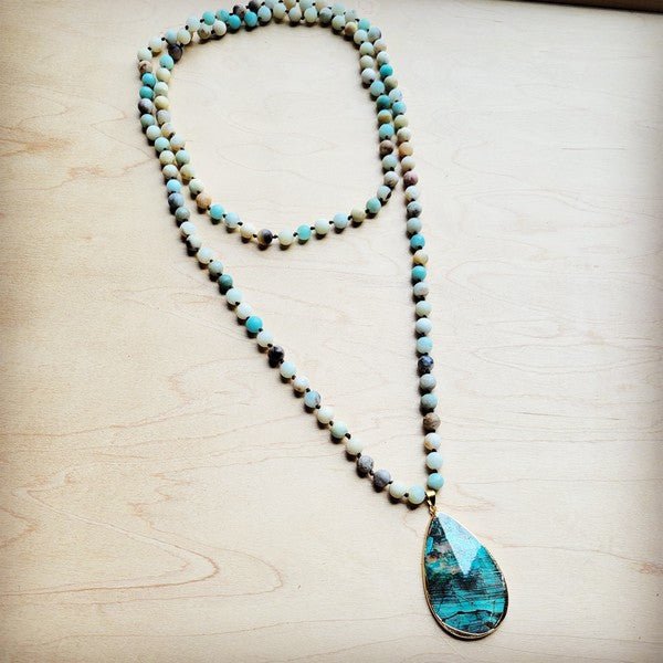 Frosted Amazonite Long Beaded w/ Agate Pendant - Blu Lotus Boutique