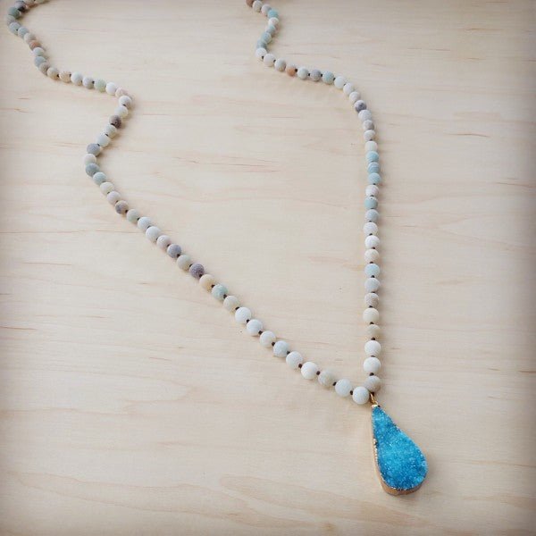 Frosted Amazonite Long Beaded w/ Agate Pendant - Blu Lotus Boutique