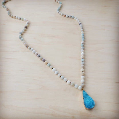 Frosted Amazonite Long Beaded w/ Agate Pendant - Blu Lotus Boutique
