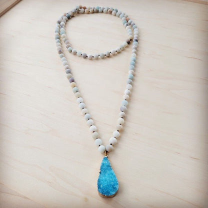 Frosted Amazonite Long Beaded w/ Agate Pendant - Blu Lotus Boutique