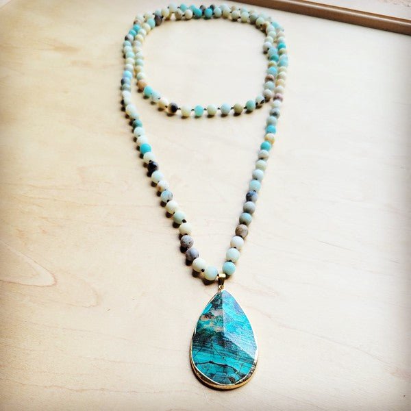 Frosted Amazonite Long Beaded w/ Agate Pendant - Blu Lotus Boutique