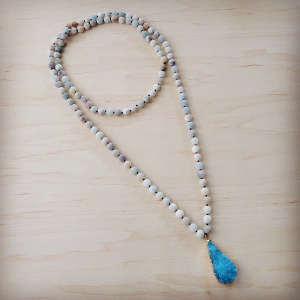 Frosted Amazonite Long Beaded w/ Agate Pendant - Blu Lotus Boutique
