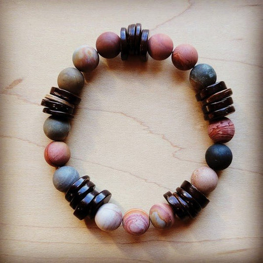 Frosted PIcasso Jasper and Wood Stretch Bracelet - Blu Lotus Boutique