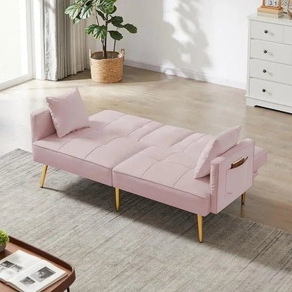 Futon Sofa Bed Convertible Daybed - Modern Linen Fabric Couch Bed with 2 Cup Holders & Removable Armrests, Multi - Functional Love - Blu Lotus Boutique
