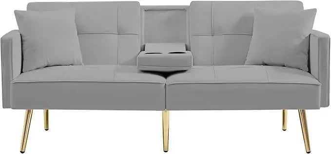 Futon Sofa Bed Convertible Daybed - Modern Linen Fabric Couch Bed with 2 Cup Holders & Removable Armrests, Multi - Functional Love - Blu Lotus Boutique