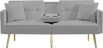Futon Sofa Bed Convertible Daybed - Modern Linen Fabric Couch Bed with 2 Cup Holders & Removable Armrests, Multi - Functional Love - Blu Lotus Boutique