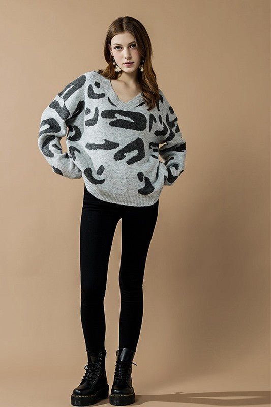 Fuzzy Mohair Jacquard V - Neck Leopard Sweater - Blu Lotus Boutique