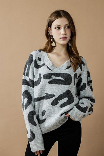 Fuzzy Mohair Jacquard V - Neck Leopard Sweater - Blu Lotus Boutique