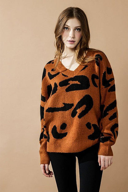 Fuzzy Mohair Jacquard V - Neck Leopard Sweater - Blu Lotus Boutique