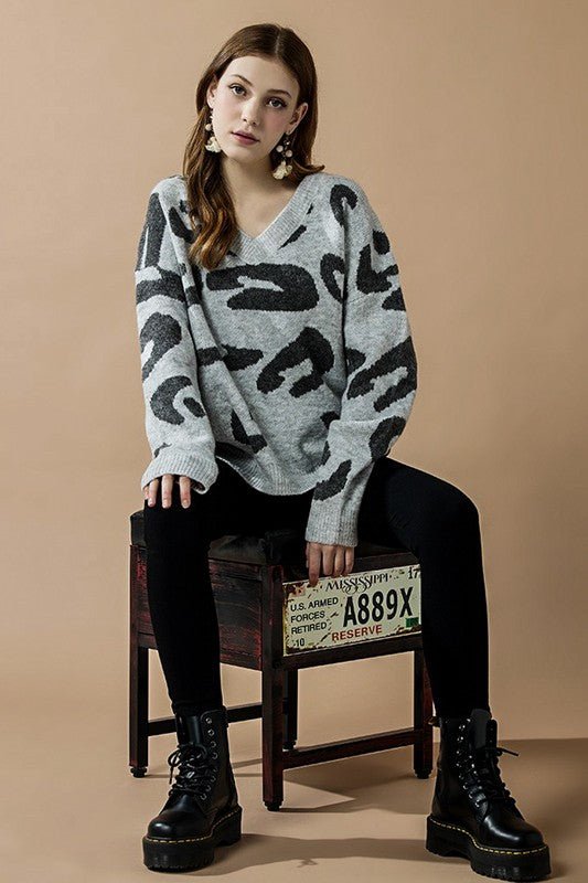 Fuzzy Mohair Jacquard V - Neck Leopard Sweater - Blu Lotus Boutique