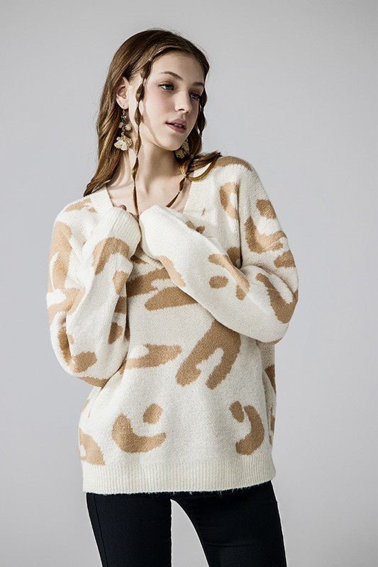 Fuzzy Mohair Jacquard V - Neck Leopard Sweater - Blu Lotus Boutique