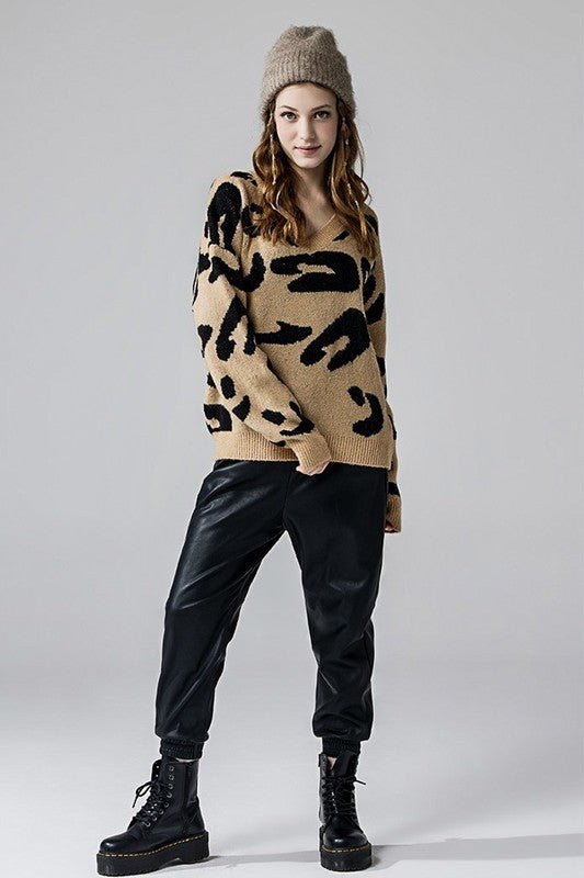 Fuzzy Mohair Jacquard V - Neck Leopard Sweater - Blu Lotus Boutique
