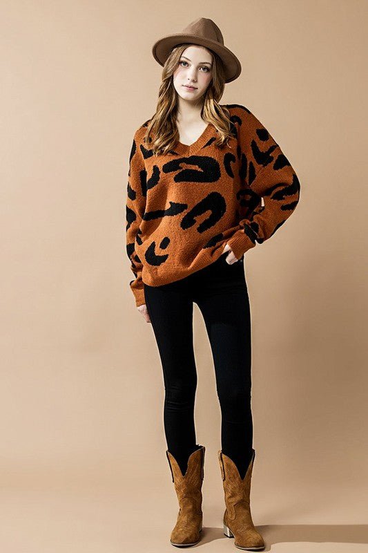 Fuzzy Mohair Jacquard V - Neck Leopard Sweater - Blu Lotus Boutique