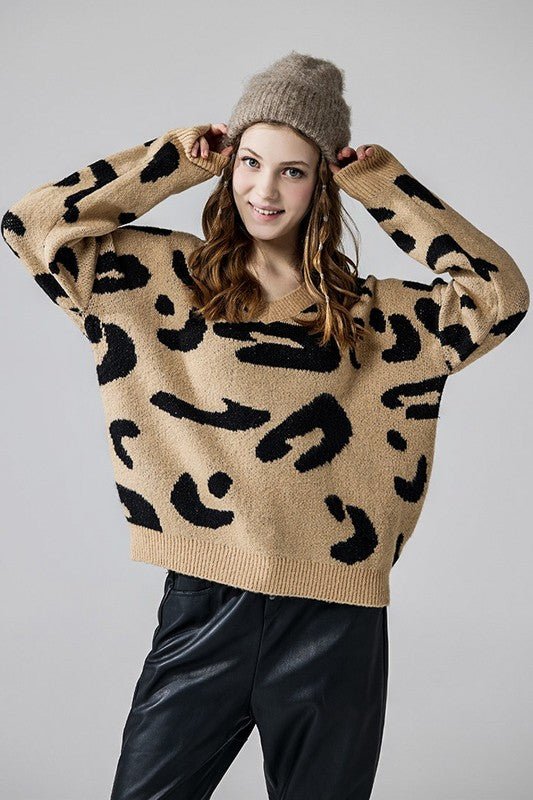 Fuzzy Mohair Jacquard V - Neck Leopard Sweater - Blu Lotus Boutique