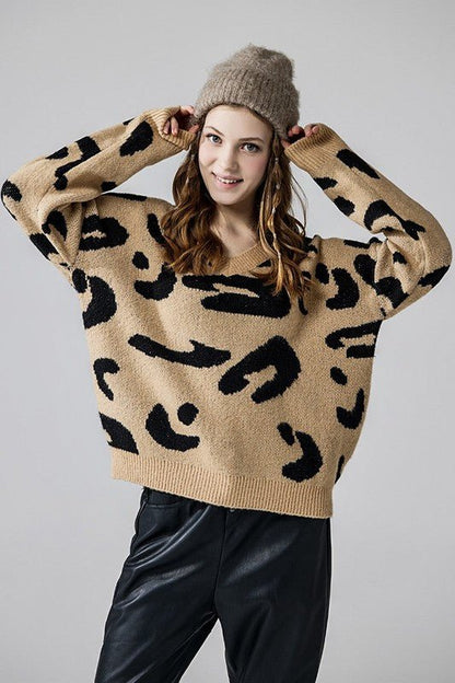Fuzzy Mohair Jacquard V - Neck Leopard Sweater - Blu Lotus Boutique