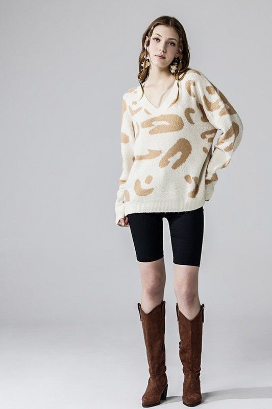 Fuzzy Mohair Jacquard V - Neck Leopard Sweater - Blu Lotus Boutique