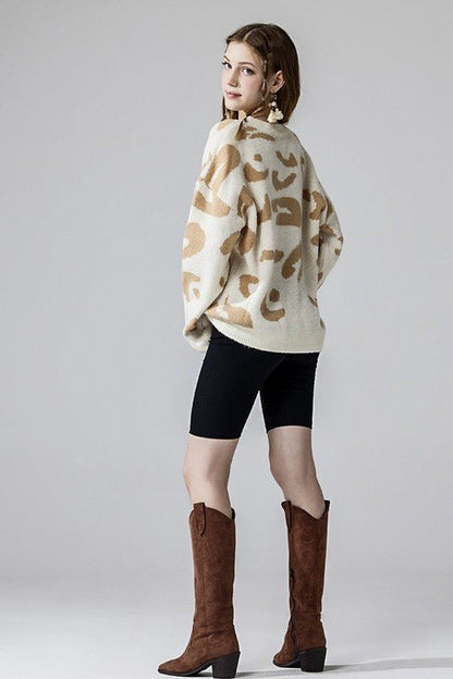 Fuzzy Mohair Jacquard V - Neck Leopard Sweater - Blu Lotus Boutique