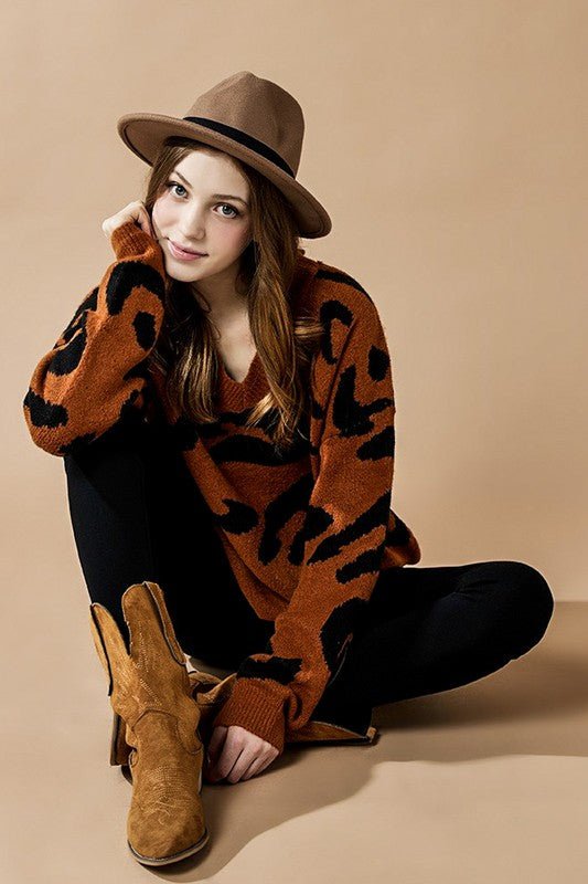 Fuzzy Mohair Jacquard V - Neck Leopard Sweater - Blu Lotus Boutique