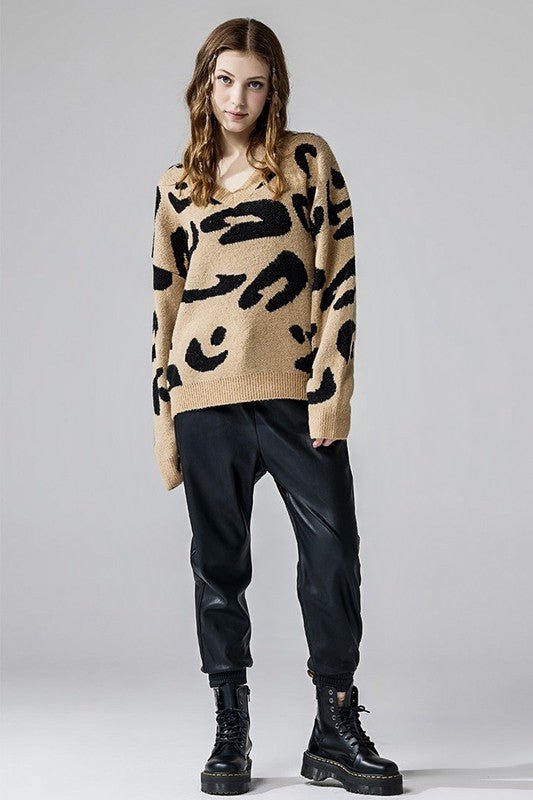 Fuzzy Mohair Jacquard V - Neck Leopard Sweater - Blu Lotus Boutique
