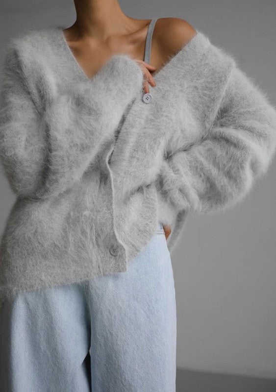Fuzzy oversized button front cardigan - Blu Lotus Boutique