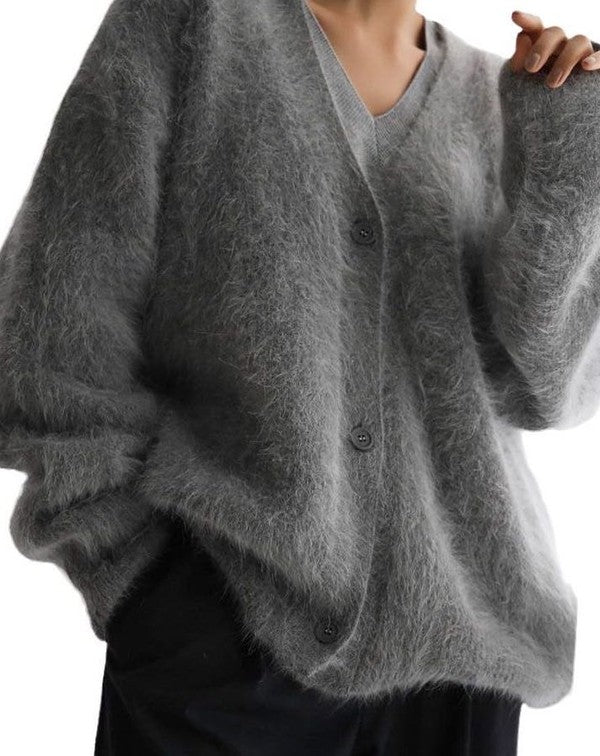 Fuzzy oversized button front cardigan - Blu Lotus Boutique