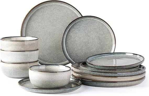 GBHOME Ceramic Dinnerware Sets for 4, 12 Pieces Stoneware Plates and Bowls Sets, Reactive Glaze Dishes - Scratch Resistant, Dishw - Blu Lotus Boutique