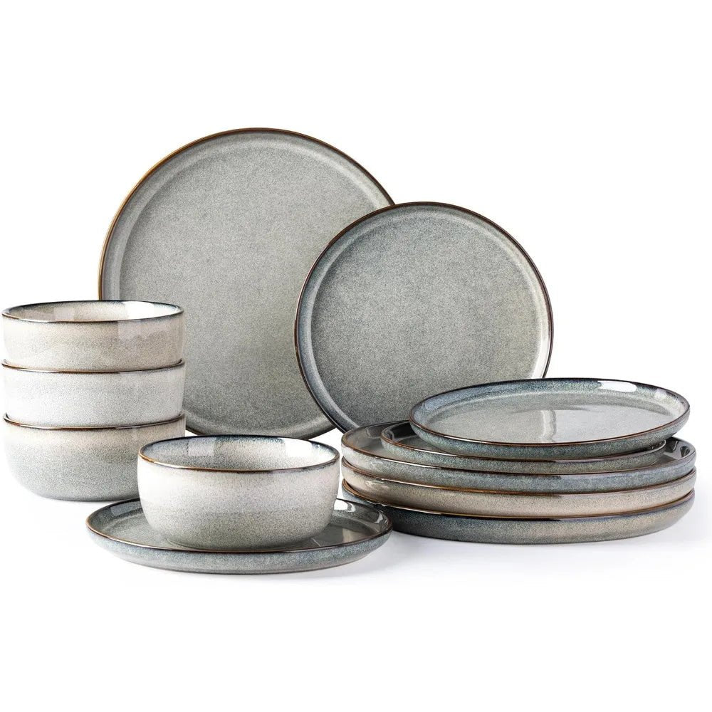 GBHOME Ceramic Dinnerware Sets for 4, 12 Pieces Stoneware Plates and Bowls Sets, Reactive Glaze Dishes - Scratch Resistant, Dishw - Blu Lotus Boutique