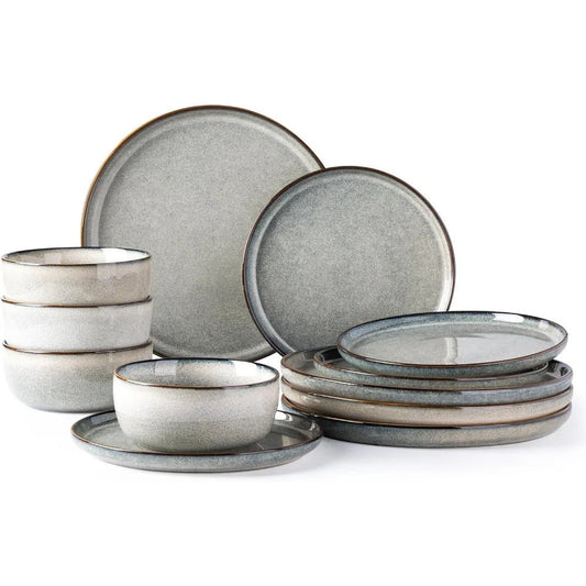 GBHOME Ceramic Dinnerware Sets for 4, 12 Pieces Stoneware Plates and Bowls Sets, Reactive Glaze Dishes - Scratch Resistant, Dishw - Blu Lotus Boutique