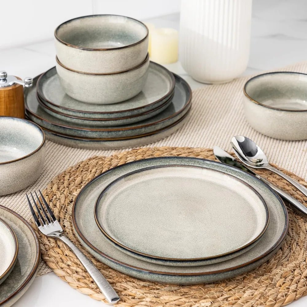 GBHOME Ceramic Dinnerware Sets for 4, 12 Pieces Stoneware Plates and Bowls Sets, Reactive Glaze Dishes - Scratch Resistant, Dishw - Blu Lotus Boutique