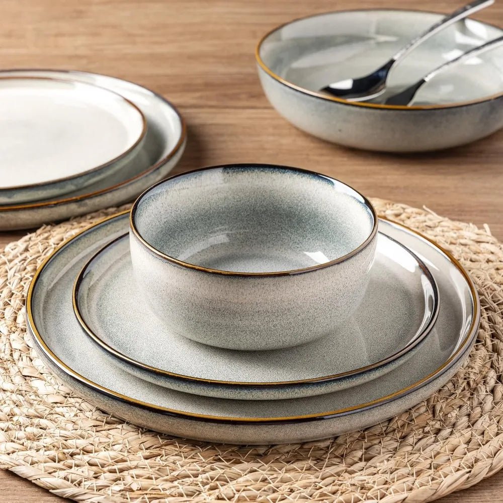 GBHOME Ceramic Dinnerware Sets for 4, 12 Pieces Stoneware Plates and Bowls Sets, Reactive Glaze Dishes - Scratch Resistant, Dishw - Blu Lotus Boutique