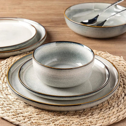 GBHOME Ceramic Dinnerware Sets for 4, 12 Pieces Stoneware Plates and Bowls Sets, Reactive Glaze Dishes - Scratch Resistant, Dishw - Blu Lotus Boutique