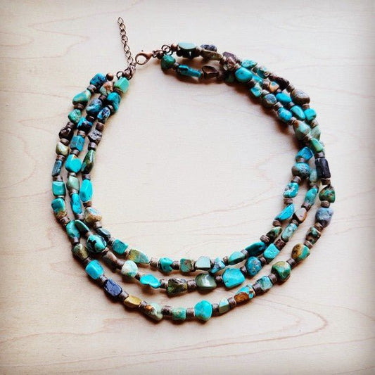 Genuine HuBei Turquoise&Wood Triple StrandNecklace - Blu Lotus Boutique