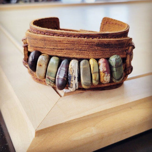 Genuine Leather Cuff w Picasso Jasper Gemstone - Blu Lotus Boutique
