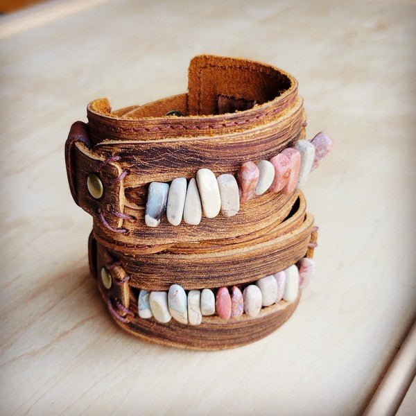 Genuine Leather Cuff w/Aqua Terra Gemstone Chunks - Blu Lotus Boutique