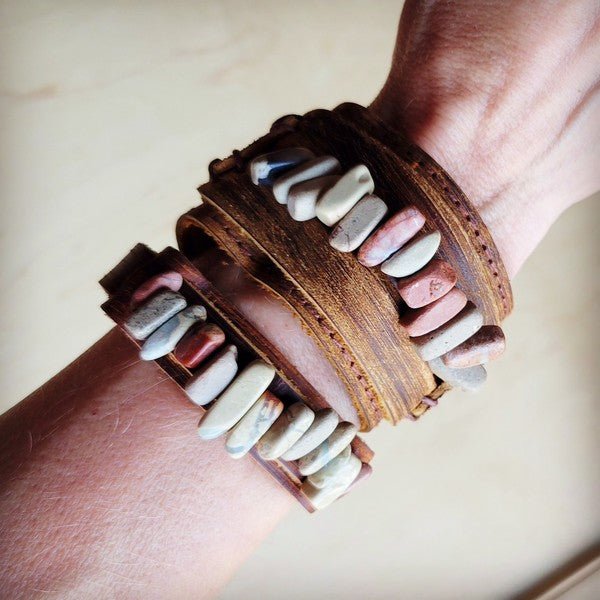 Genuine Leather Cuff w/Aqua Terra Gemstone Chunks - Blu Lotus Boutique