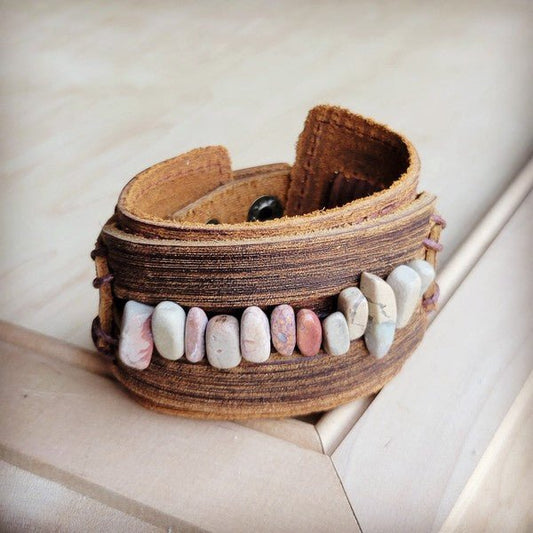 Genuine Leather Cuff w/Aqua Terra Gemstone Chunks - Blu Lotus Boutique