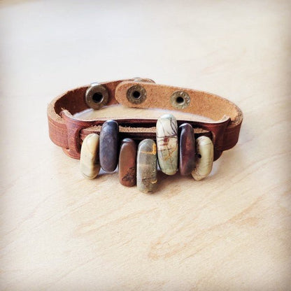 Genuine Leather Narrow Cuff w Picasso Jasper Stone - Blu Lotus Boutique