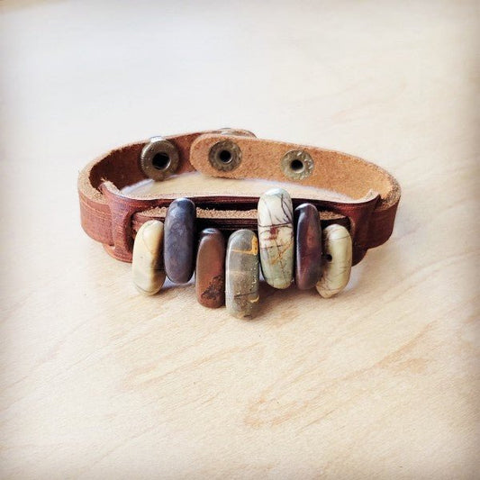 Genuine Leather Narrow Cuff w Picasso Jasper Stone - Blu Lotus Boutique