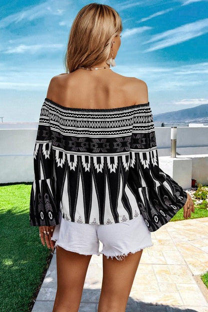 Geo Graphic Off Shoulder Loose Blouse - Blu Lotus Boutique