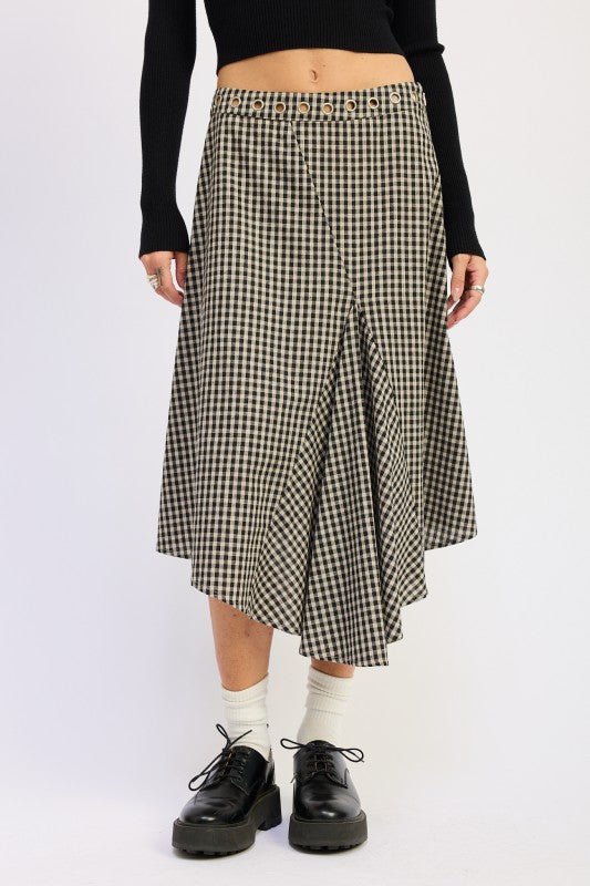 GINGHAM GROMMET ASYMMETRICAL SKIRT - Blu Lotus Boutique