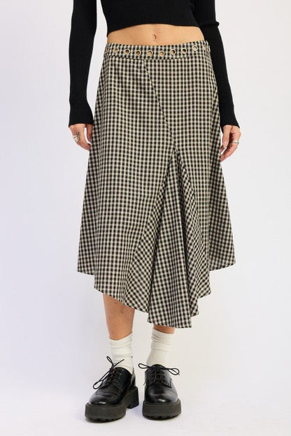 GINGHAM GROMMET ASYMMETRICAL SKIRT - Blu Lotus Boutique