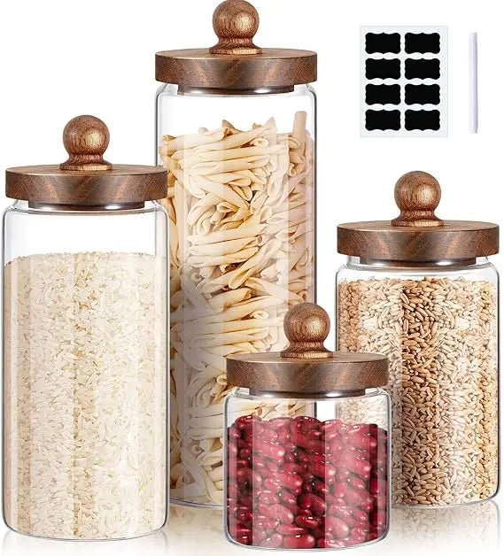 Glass Storage Jars Set of 4, Clear Food Storage Containers with Wooden Lids Airtight Kitchen Canisters with Sticker and Chalk f - Blu Lotus Boutique