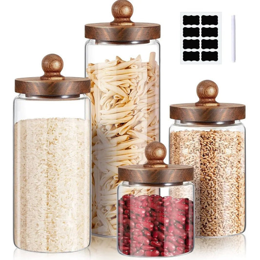 Glass Storage Jars Set of 4, Clear Food Storage Containers with Wooden Lids Airtight Kitchen Canisters with Sticker and Chalk f - Blu Lotus Boutique