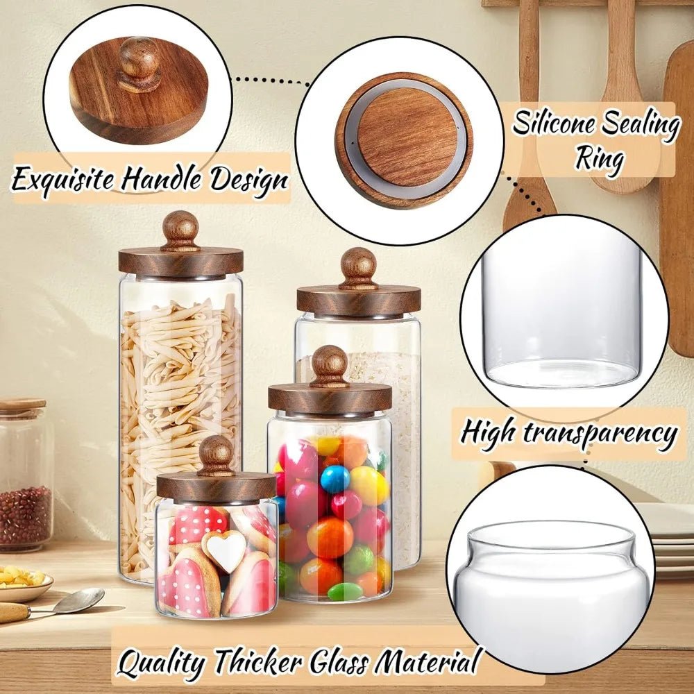 Glass Storage Jars Set of 4, Clear Food Storage Containers with Wooden Lids Airtight Kitchen Canisters with Sticker and Chalk f - Blu Lotus Boutique